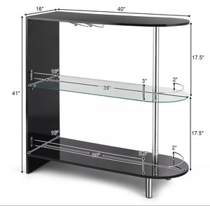 Bar Table Gloss Black/ White Pub Cocktail Table with Tempered Glass Shelf & Wine Holder