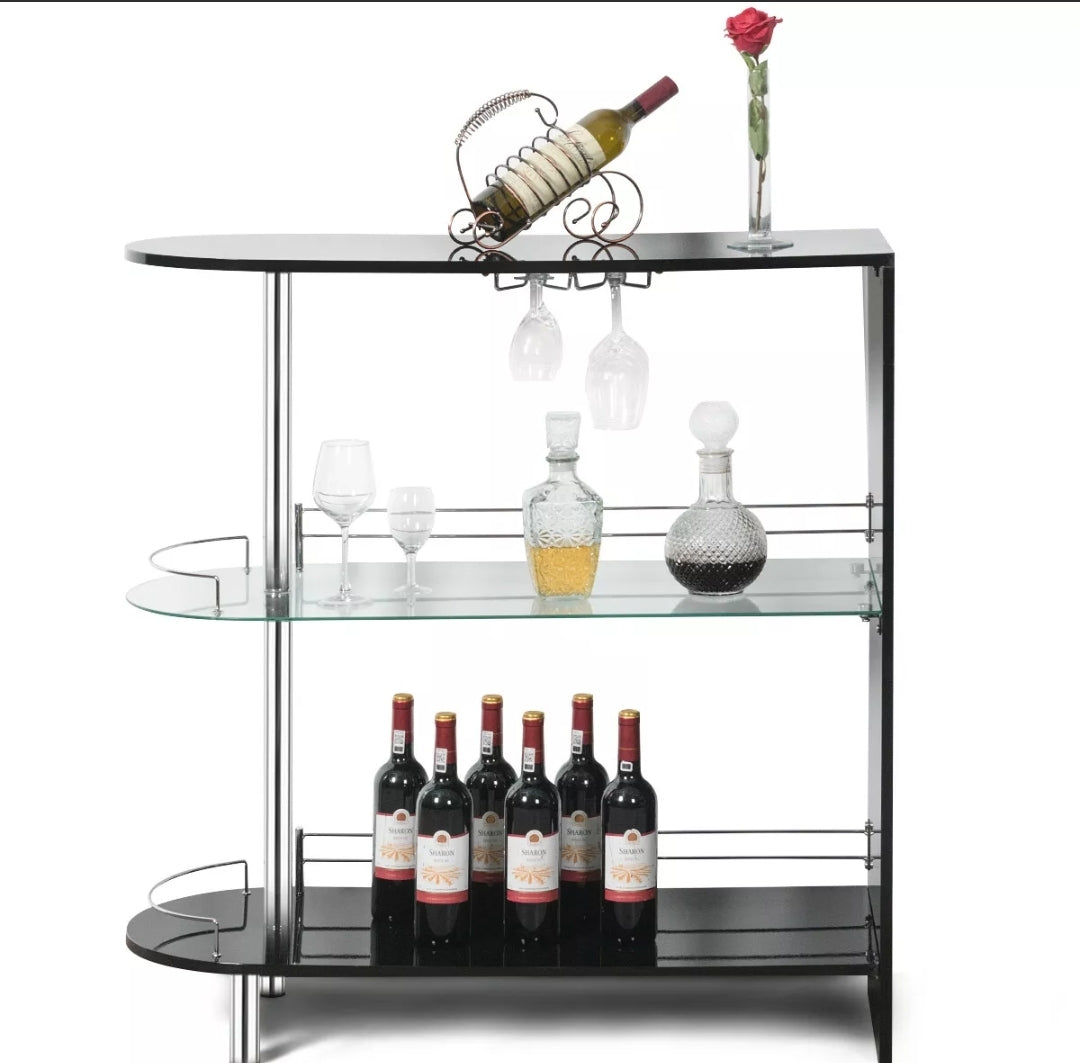 Bar Table Gloss Black/ White Pub Cocktail Table with Tempered Glass Shelf & Wine Holder