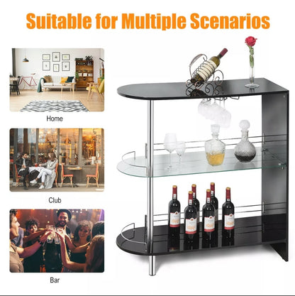 Bar Table Gloss Black/ White Pub Cocktail Table with Tempered Glass Shelf & Wine Holder