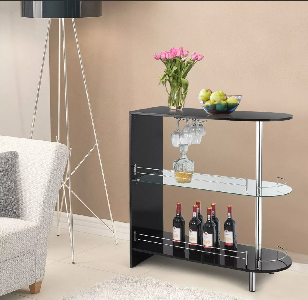 Bar Table Gloss Black/ White Pub Cocktail Table with Tempered Glass Sh ...