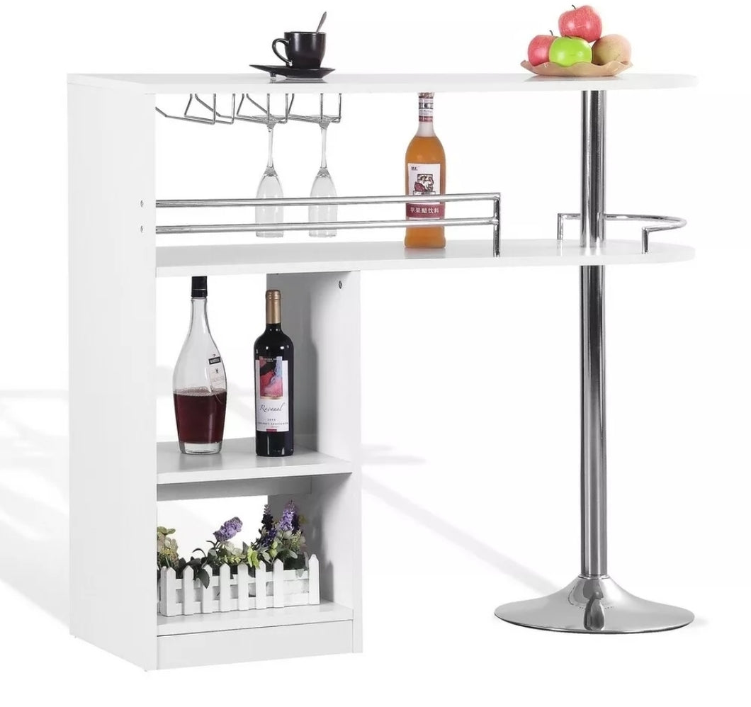 Bar Table Gloss Black/ White Pub Cocktail Table with Tempered Glass Shelf & Wine Holder