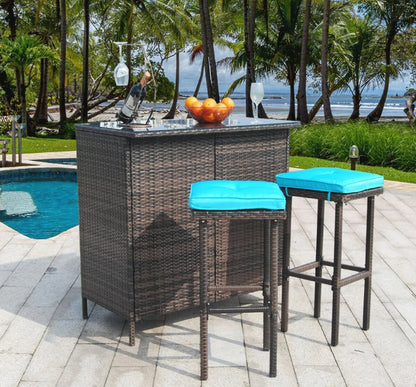 3 Piece Outdoor Wicker Bar Stools Set Patio Rattan Furniture Set with Cushions