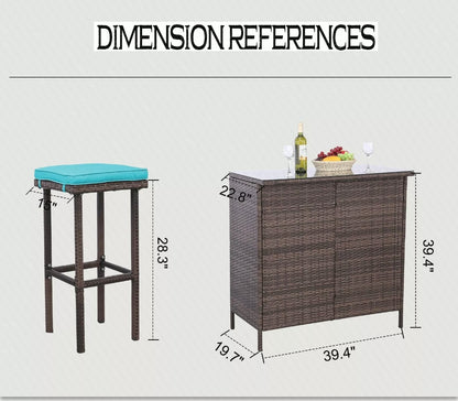 3 Piece Outdoor Wicker Bar Stools Set Patio Rattan Furniture Set with Cushions