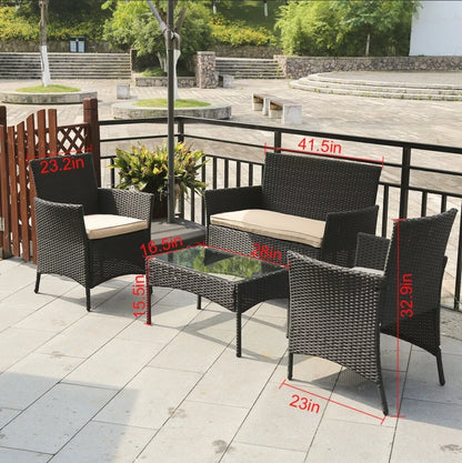 Patio Furniture Set 4 Pcs Black/Tan Cushion Outdoor Wicker Sofas Rattan Chair Wicker Conversation