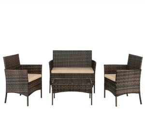 4PCS Outdoor Patio Brown With Tan Cushion Rattan Wicker Table Shelf Sofa Furniture Set with Cushions