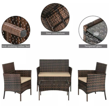 4PCS Outdoor Patio Brown With Tan Cushion Rattan Wicker Table Shelf Sofa Furniture Set with Cushions