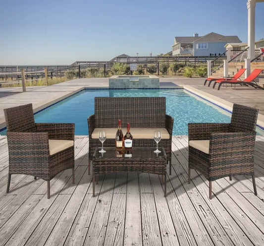 4PCS Outdoor Patio Brown With Tan Cushion Rattan Wicker Table Shelf Sofa Furniture Set with Cushions