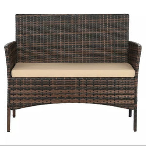 4PCS Outdoor Patio Brown With Tan Cushion Rattan Wicker Table Shelf Sofa Furniture Set with Cushions