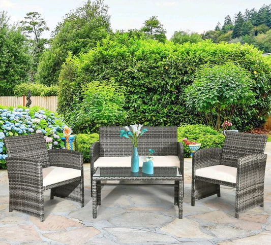 4PCS Gray Patio Rattan Furniture Set Conversation Glass Tabletop Cushioned Sofa Yard
