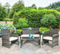 4PCS Gray Patio Rattan Furniture Set Conversation Glass Tabletop Cushioned Sofa Yard