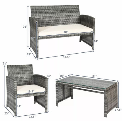 4PCS Gray Patio Rattan Furniture Set Conversation Glass Tabletop Cushioned Sofa Yard