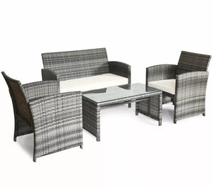 4PCS Gray Patio Rattan Furniture Set Conversation Glass Tabletop Cushioned Sofa Yard