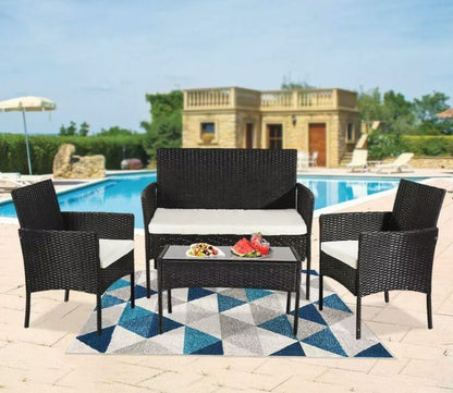 4Pcs Black Rattan Garden Furniture Set Patio Outdoor Table Chairs Sofa Conservatory BN
