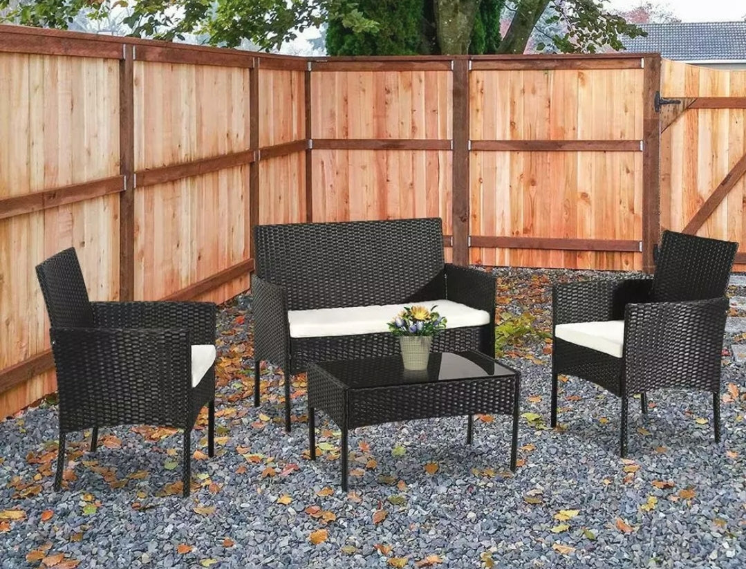 4Pcs Black Rattan Garden Furniture Set Patio Outdoor Table Chairs Sofa Conservatory BN