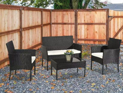 4Pcs Black Rattan Garden Furniture Set Patio Outdoor Table Chairs Sofa Conservatory BN