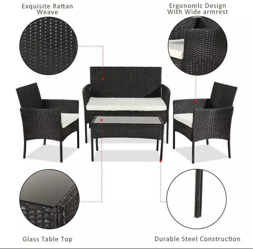 4Pcs Black Rattan Garden Furniture Set Patio Outdoor Table Chairs Sofa Conservatory BN