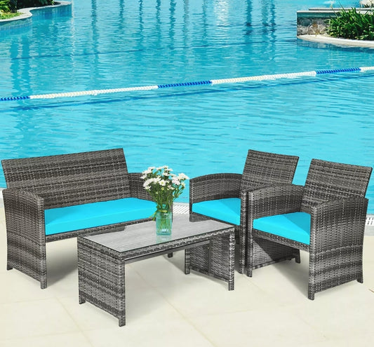 4PCS Gray Outdoor Patio Furniture Set Rattan Wicker Conversation Sofa Set W/ Cushions