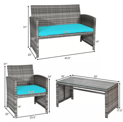 4PCS Gray Outdoor Patio Furniture Set Rattan Wicker Conversation Sofa Set W/ Cushions