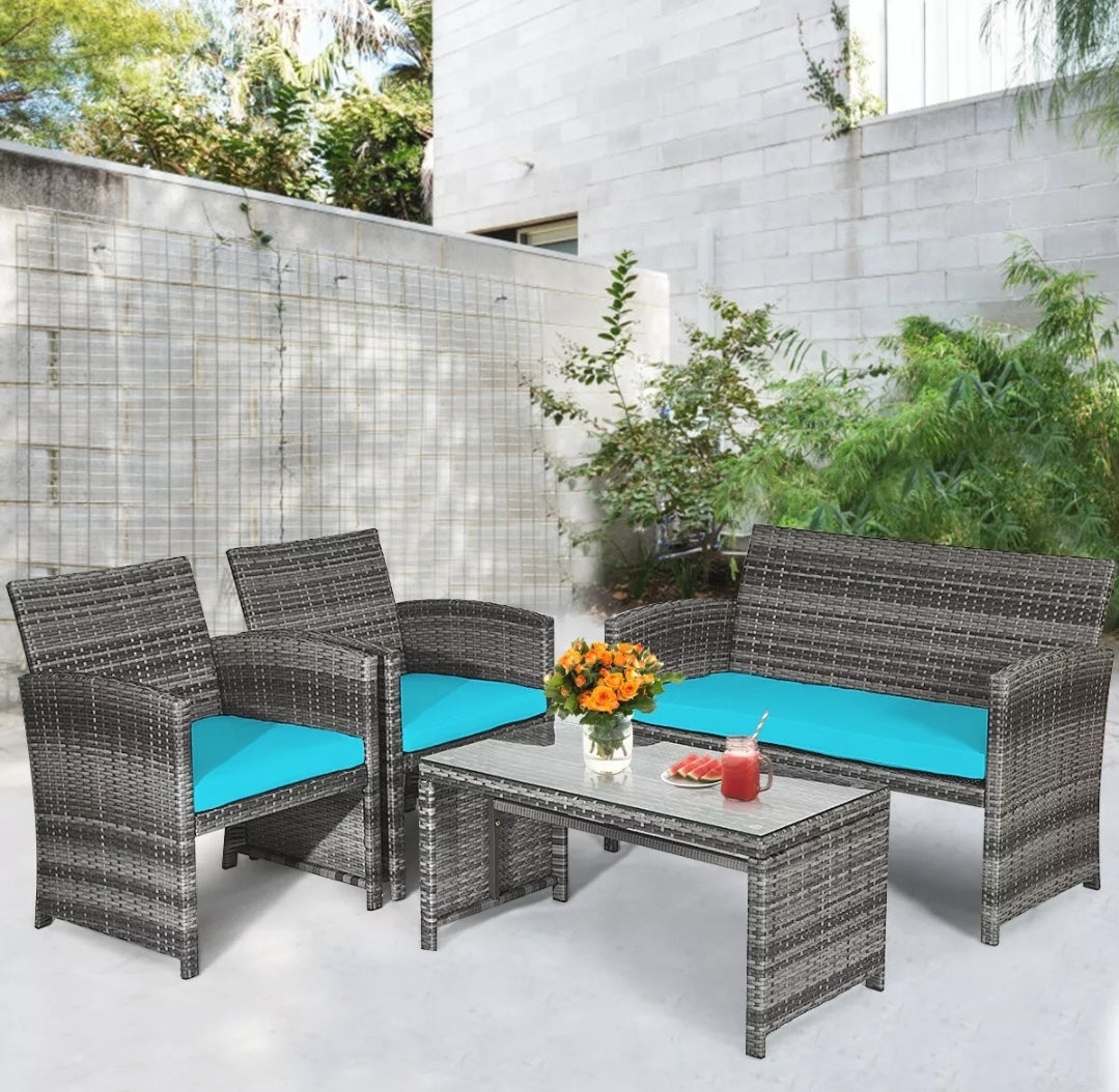 4PCS Gray Outdoor Patio Furniture Set Rattan Wicker Conversation Sofa Set W/ Cushions