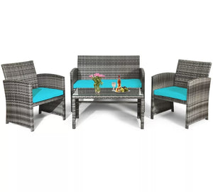 4PCS Gray Outdoor Patio Furniture Set Rattan Wicker Conversation Sofa Set W/ Cushions