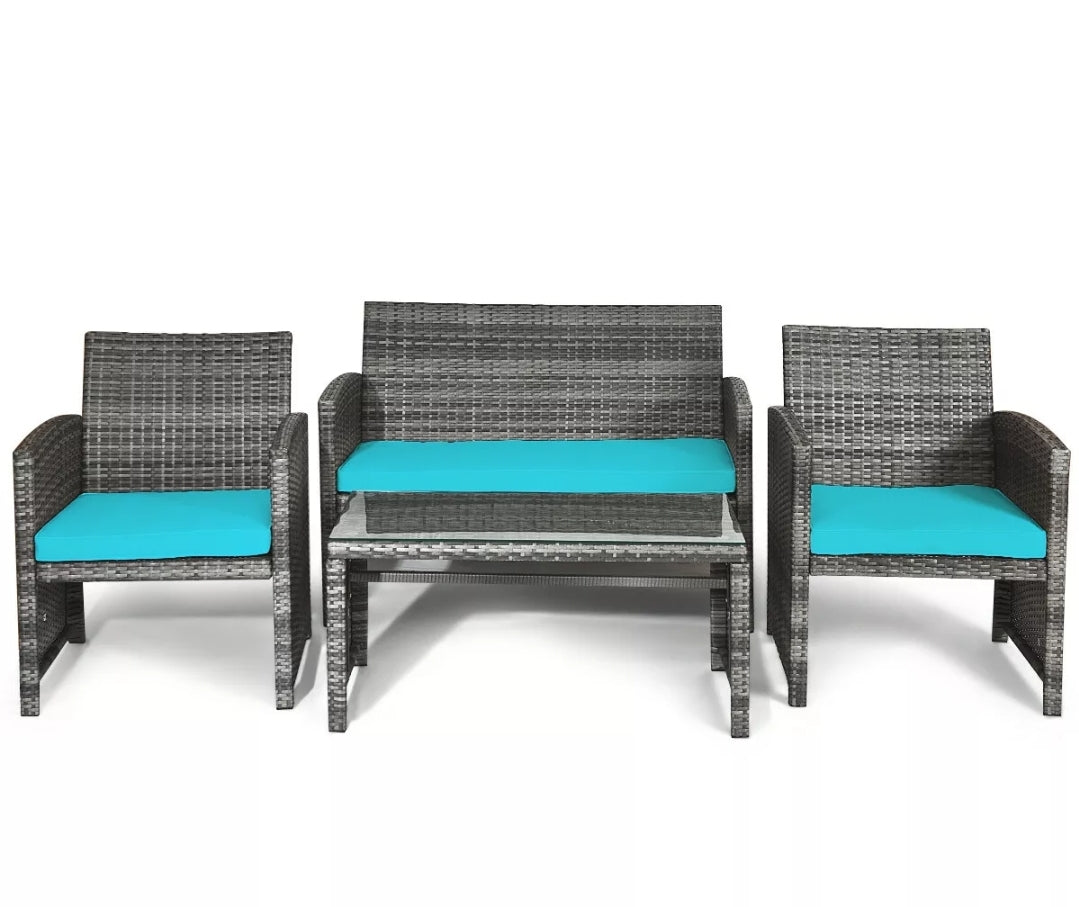 4PCS Gray Outdoor Patio Furniture Set Rattan Wicker Conversation Sofa Set W/ Cushions