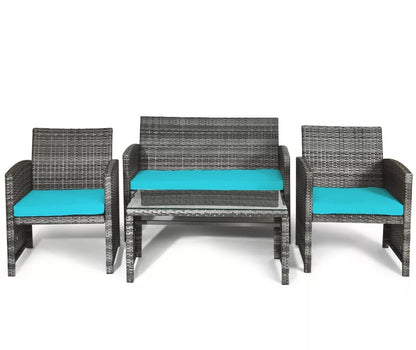 4PCS Gray Outdoor Patio Furniture Set Rattan Wicker Conversation Sofa Set W/ Cushions