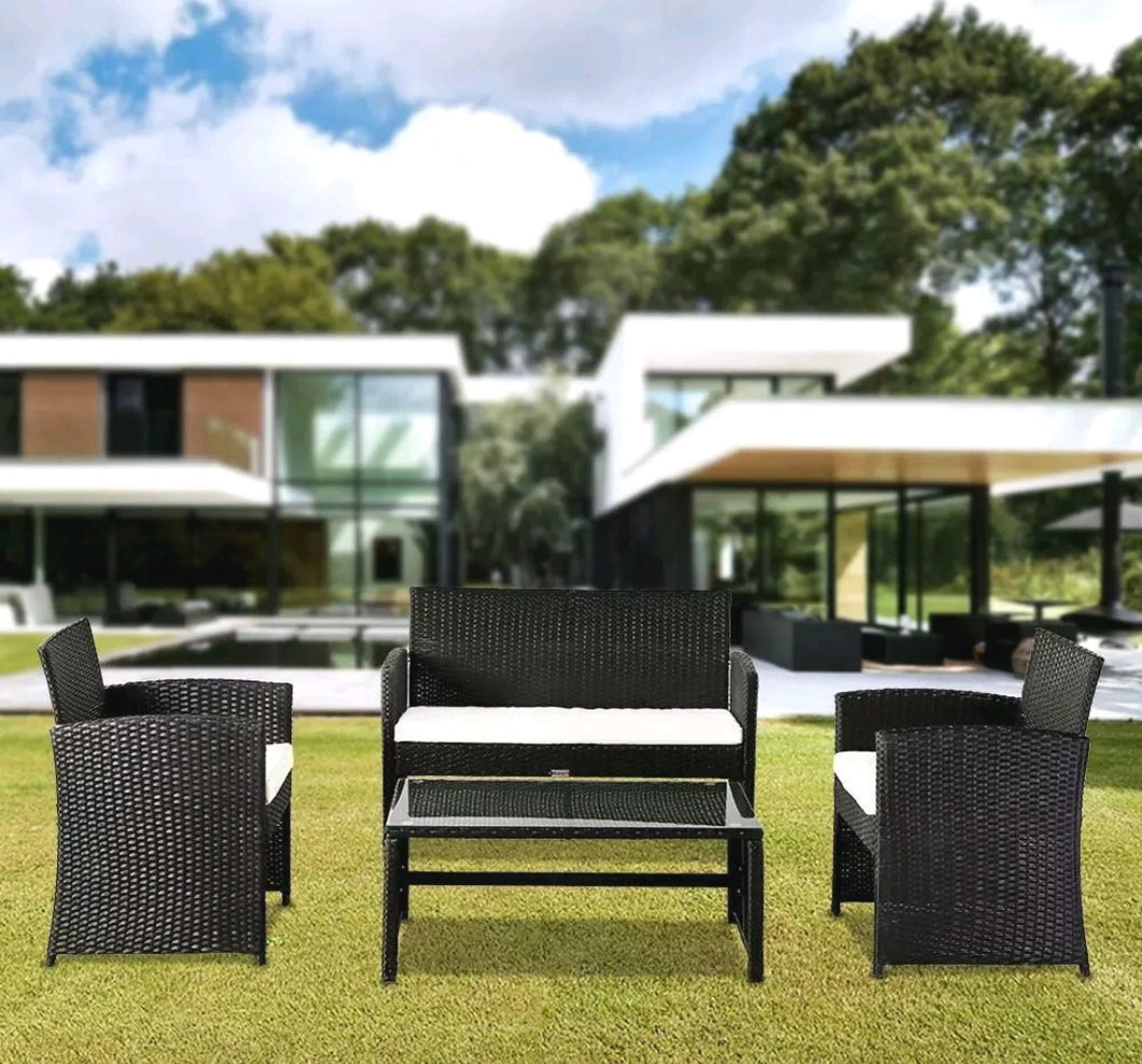 4PCS Black Patio Rattan Furniture Conversation Set Cushioned Sofa Table Outdoor Black