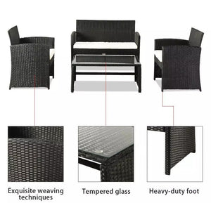 4PCS Black Patio Rattan Furniture Conversation Set Cushioned Sofa Table Outdoor Black