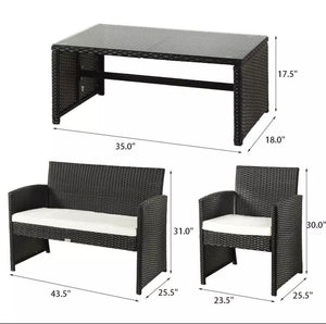 4PCS Black Patio Rattan Furniture Conversation Set Cushioned Sofa Table Outdoor Black