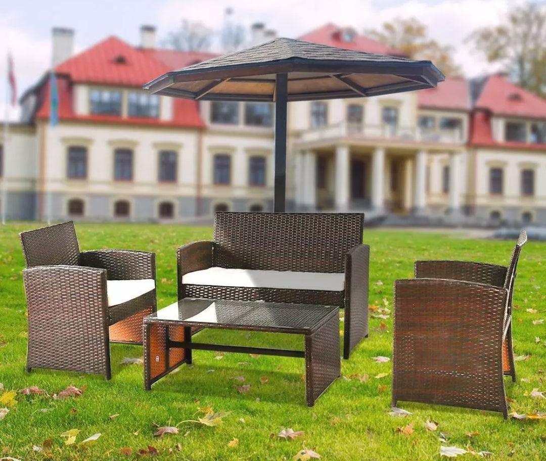 4PCS Brown Patio Outdoor Furniture Set Rattan Garden Seating Wicker Chair with Cushion