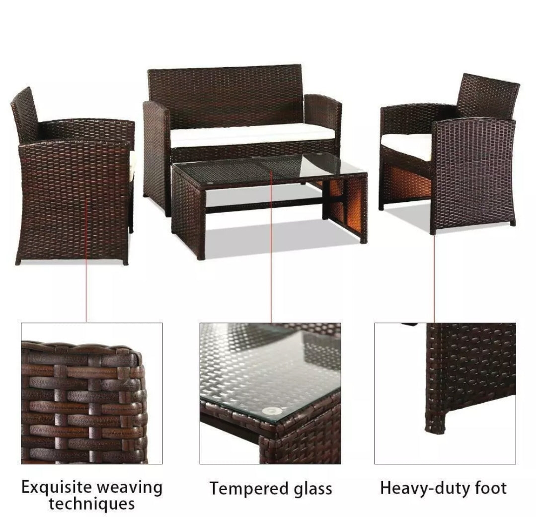 4PCS Brown Patio Outdoor Furniture Set Rattan Garden Seating Wicker Chair with Cushion
