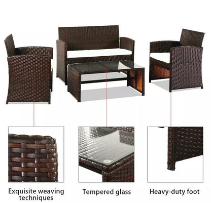 4PCS Brown Patio Outdoor Furniture Set Rattan Garden Seating Wicker Chair with Cushion