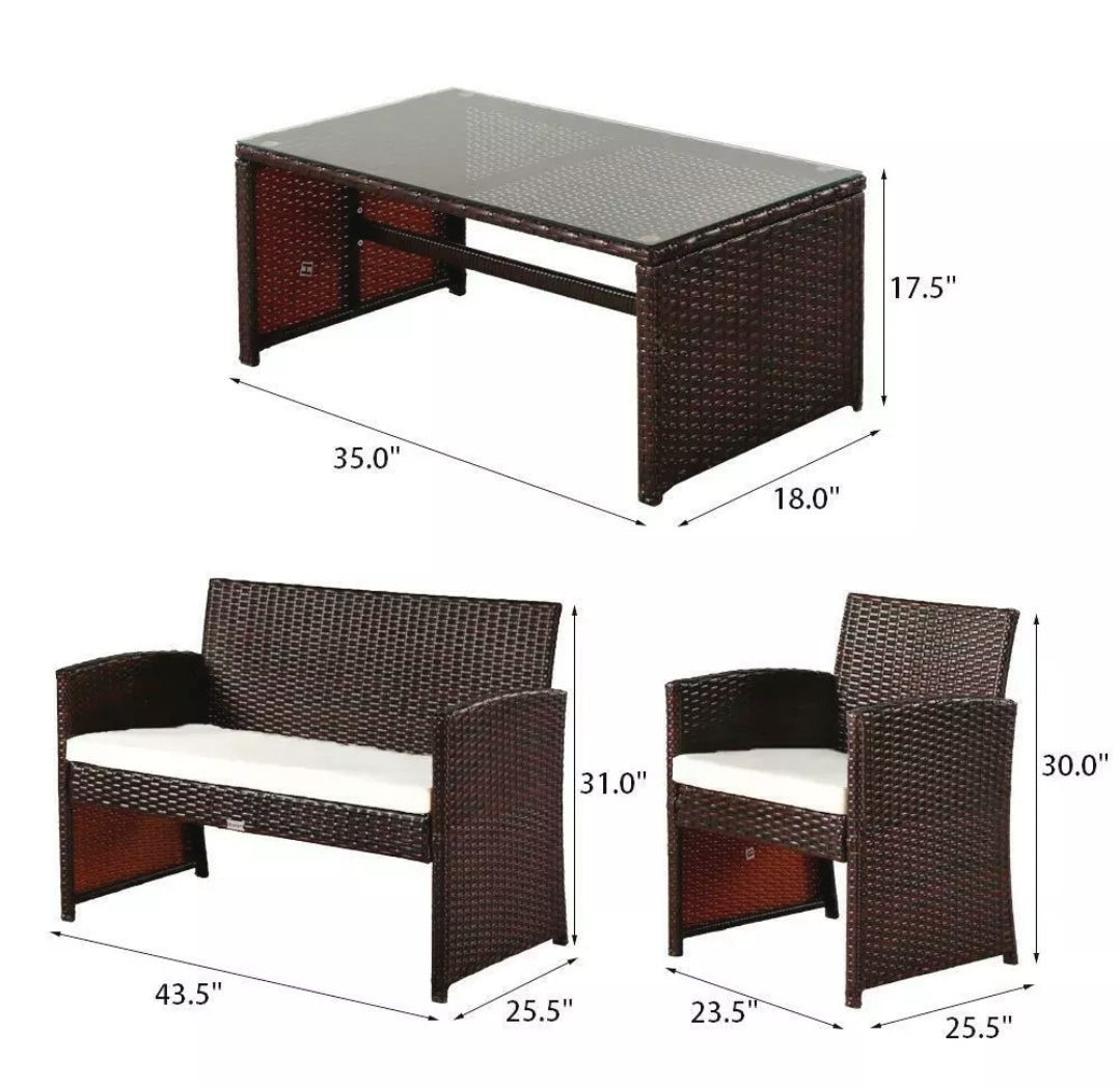 4PCS Brown Patio Outdoor Furniture Set Rattan Garden Seating Wicker Chair with Cushion