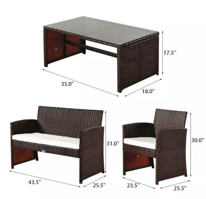 4PCS Brown Patio Outdoor Furniture Set Rattan Garden Seating Wicker Chair with Cushion