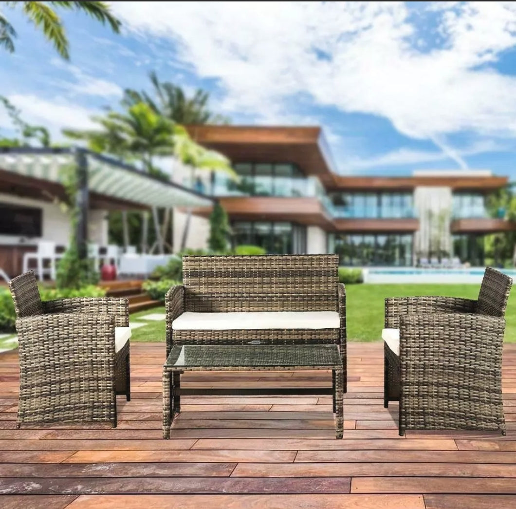 4PCS Brown Mix Wicker Rattan Sofa Furniture Set Patio Garden Lawn Sofa Cushioned Seat