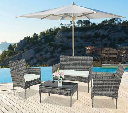 4PCS Gray Patio Rattan Wicker Furniture Set Cushioned Chair Glass Table Top Garden