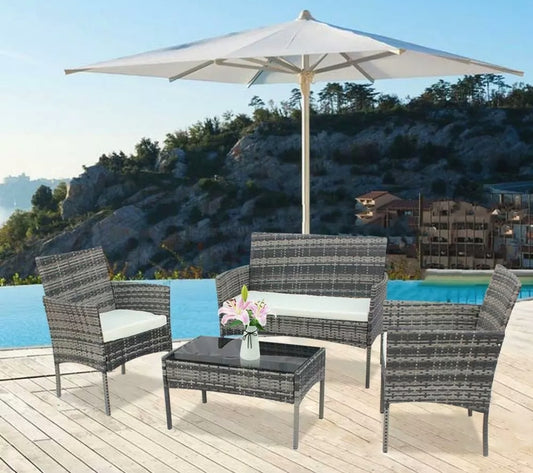 4PCS Gray Patio Rattan Wicker Furniture Set Cushioned Chair Glass Table Top Garden