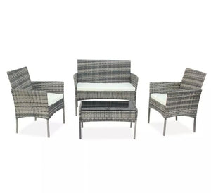 4PCS Gray Patio Rattan Wicker Furniture Set Cushioned Chair Glass Table Top Garden