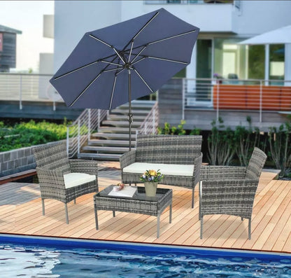 4PCS Gray Patio Rattan Wicker Furniture Set Cushioned Chair Glass Table Top Garden
