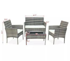 4PCS Gray Patio Rattan Wicker Furniture Set Cushioned Chair Glass Table Top Garden