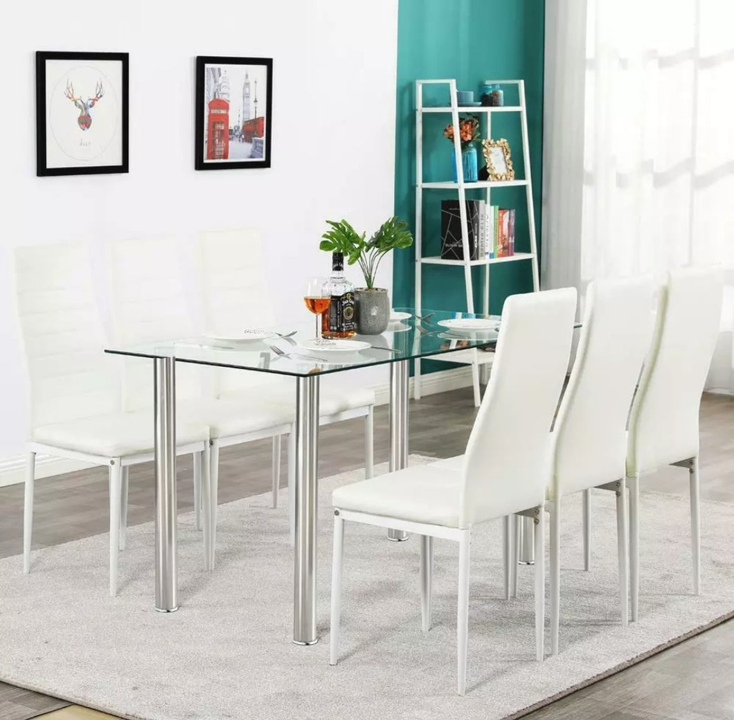 7 Piece Dining Table Set 6 Chairs Glass Metal Kitchen Room Furniture White