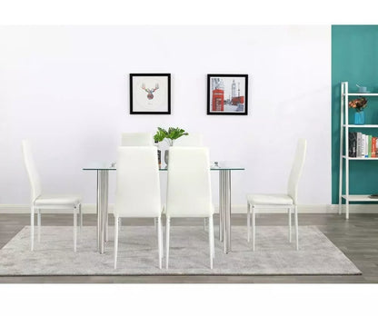 7 Piece Dining Table Set 6 Chairs Glass Metal Kitchen Room Furniture White