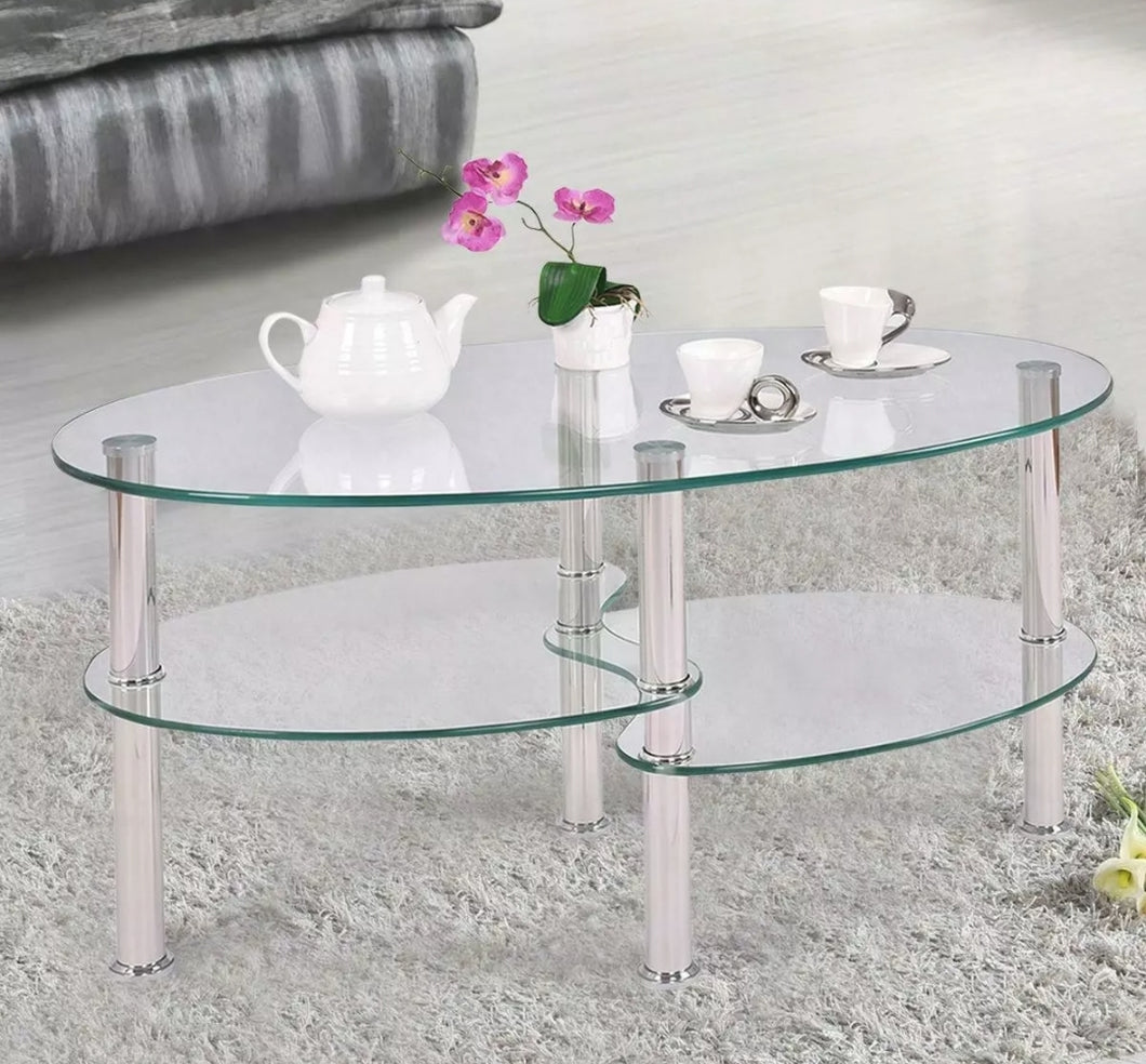 Tempered Glass Oval Side Coffee Table Transparent Round Living Room Furniture
