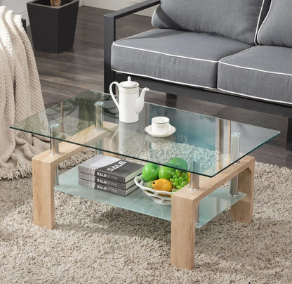 Modern Rectangle Cocktail Coffee Table Glass & Wood Living Room With Lower Shelf