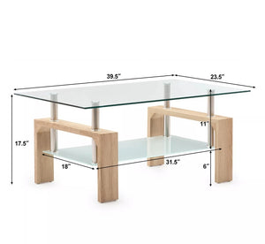 Modern Rectangle Cocktail Coffee Table Glass & Wood Living Room With Lower Shelf