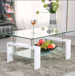 White Legs  Highlight Glass Top Cocktail Coffee Table with Wooden Legs