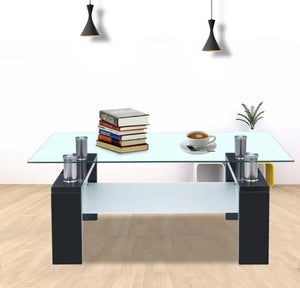 Coffee Table Glass Modern Shelf Wood Living Room Furniture Rectangular Black