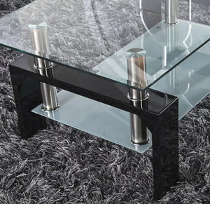 Coffee Table Glass Modern Shelf Wood Living Room Furniture Rectangular Black