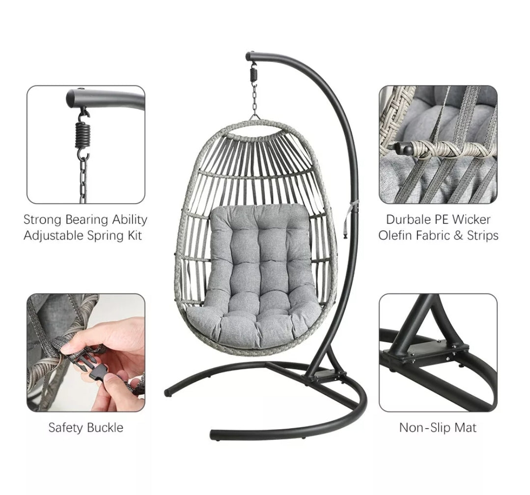 Large Patio Hanging Swing Egg Chair Hammock with Stand Cushions Outdoor Chair