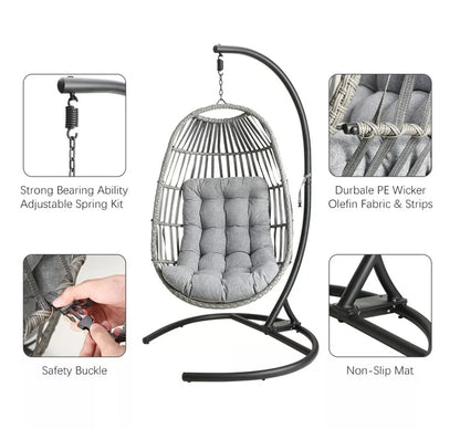 Large Patio Hanging Swing Egg Chair Hammock with Stand Cushions Outdoor Chair